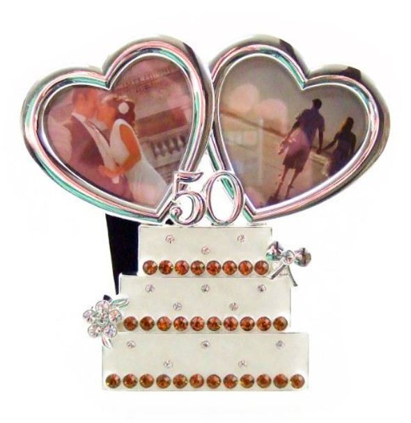 Silver Plated Heart Wedding Cake 50th Golden Anniversary Double Photo Frame