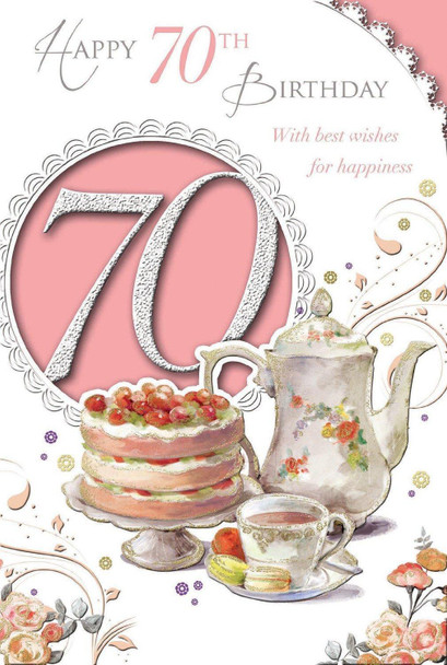 Open Female 70 Celebrate Today! Tea Cup And Cake Design Birthday Card