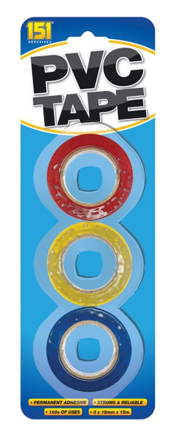 Pack of 3 Coloured PVC Tape 18mm x 15m