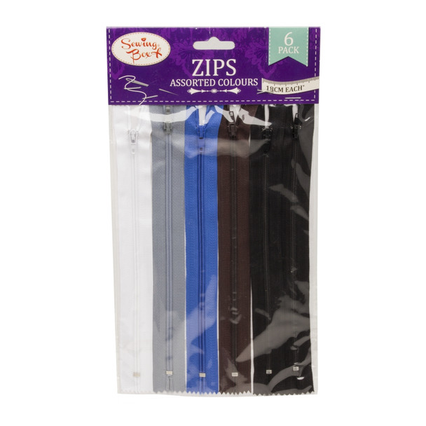 Pack of 6 Assorted Coloured Zippers by Sewing Box