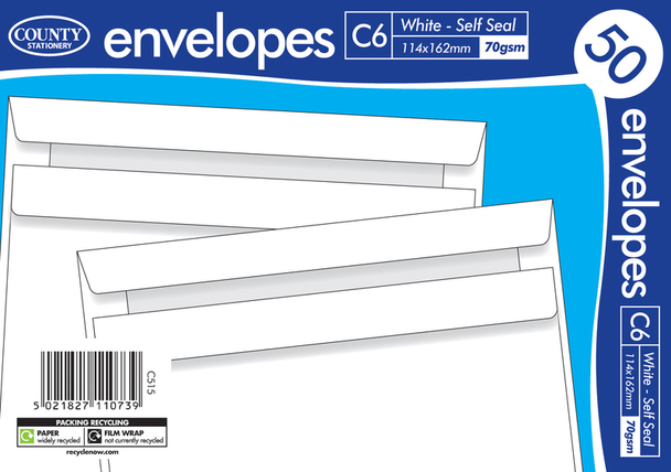 Pack of 50 C6 White Self Seal Envelopes