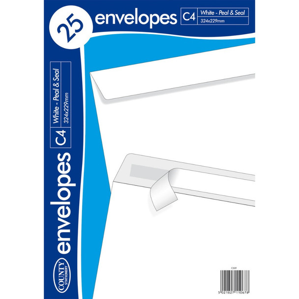 County Peel & Seal 25 Pack C4 Envelopes White (90gsm)