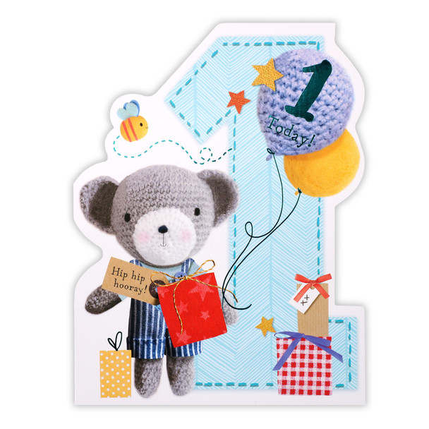 Age 1 Knitted Bear With Balloon Birthday Card