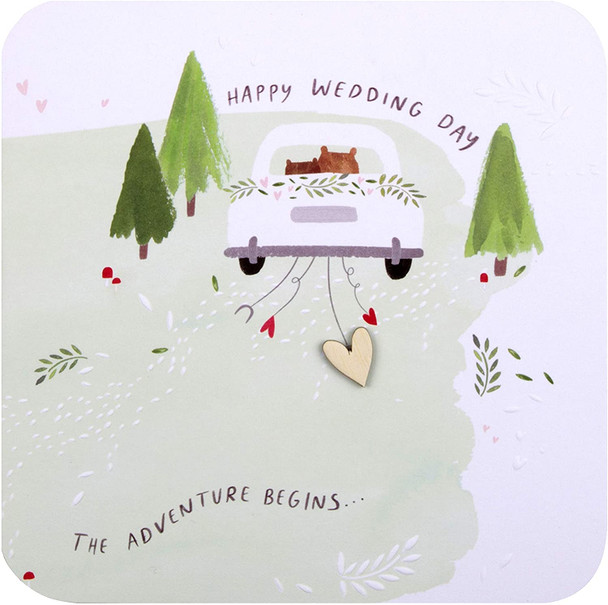 Contemporary Square Design with Embossed Details and Wooden Heart Attachment Wedding Congratulations Card