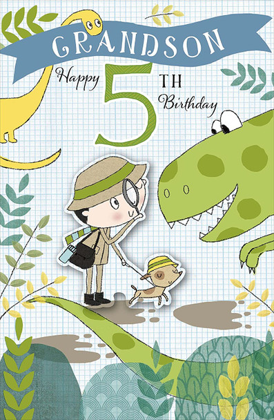 Cute Explorer and Dinosaur Design Grandson 5th Birthday Card