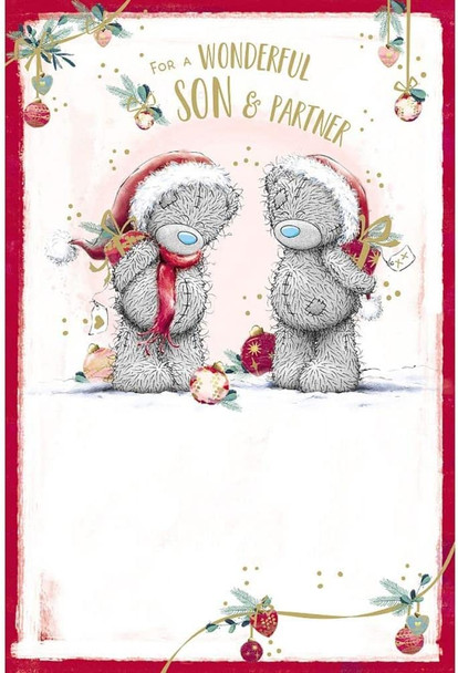 Bears With Gifts Behind Backs Son & Partner Christmas Card