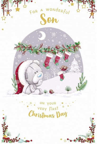 Bear with Stockings Wonderful Son 1st Christmas Card 