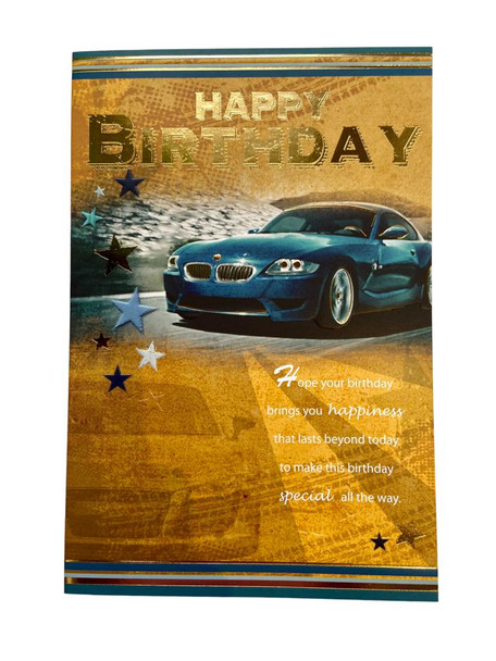 Blue Sports Car Design Gold Birthday Card