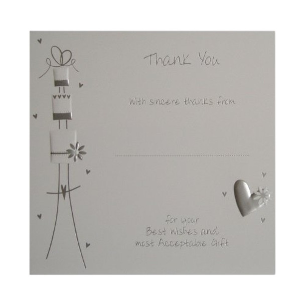 Pack of 10 Luxury Silver Foiled Wedding Gift Thank You Cards - Cake & Hearts