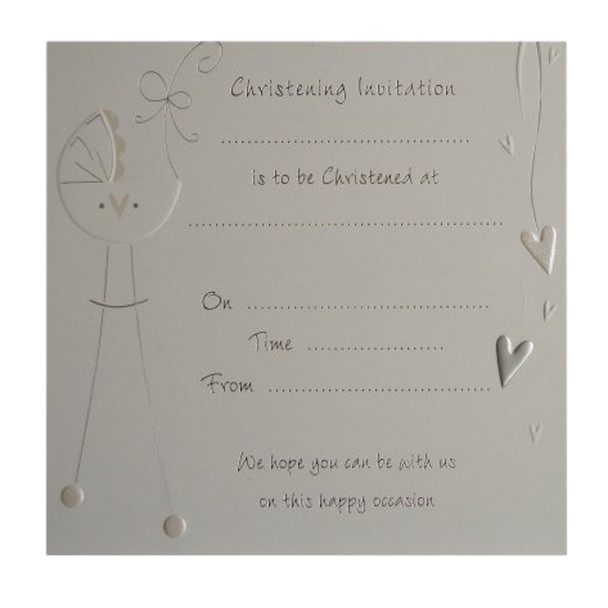 Pack of 10 Christening Bow Luxury Card Invitations with Envelopes - White & Silver