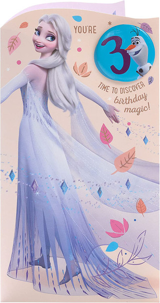 You're 3 Disney Frozen Princess Elsa Birthday Card with Badge