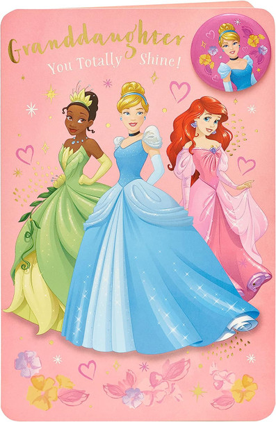 Disney Princess Cinderella Ariel Tiana Granddaughter Birthday Card With Badge 