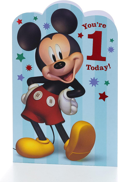 Blue Design With Disney Mickey Mouse 1st Birthday Card