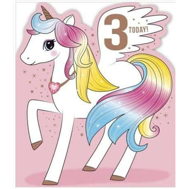 Colourful Unicorn Shaped Age 3 Birthday Card 