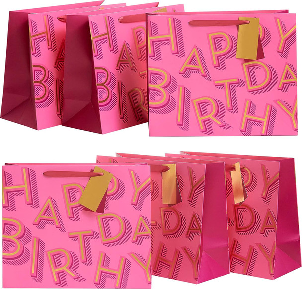 Pink Happy Birthday Design Multipack Of 6 Large Gift Bags With Tags