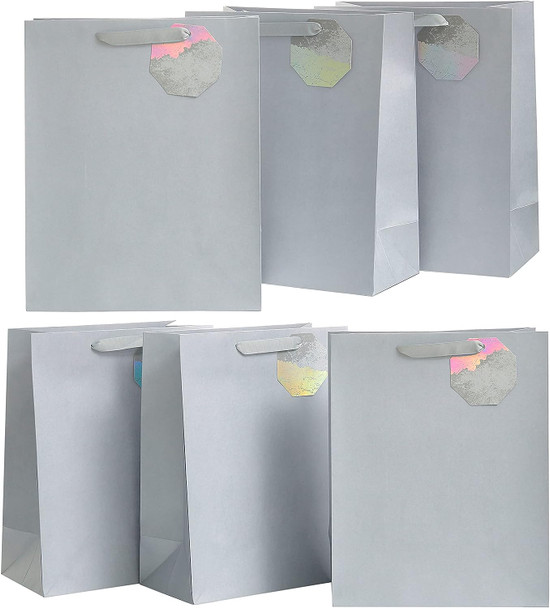 Silver Design Multipack Of 6 Large Gift Bags With Tags For Him/Her/Friend For Father's Day, Birthdays, Thank You, Congratulations or Other Gifts