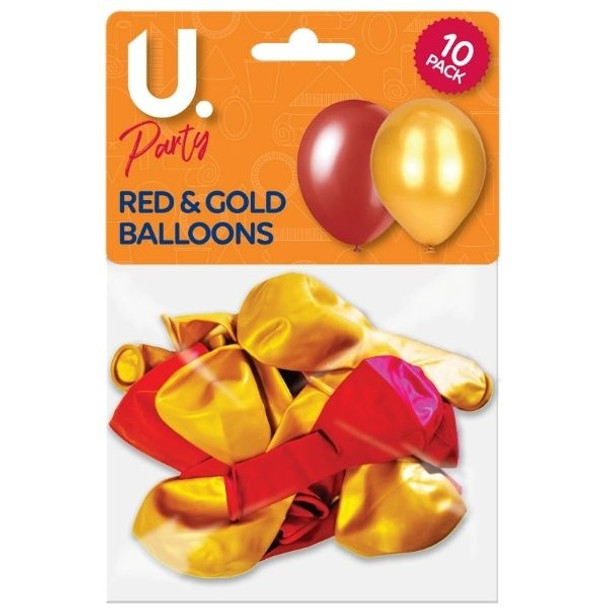 12 x Pack of 10 Red and Gold Metallic Balloons