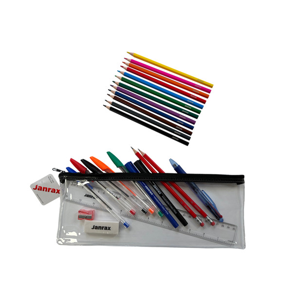 Pack of 6 Stationery Filled Black Zip 13x5" Pencil Cases with Colouring Pencils