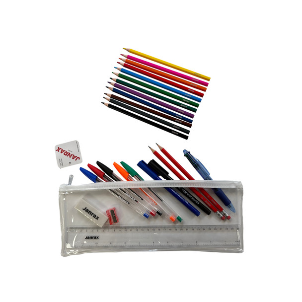 Pack of 6 Stationery Filled White Zip 13x5" Pencil Cases with Colouring Pencils