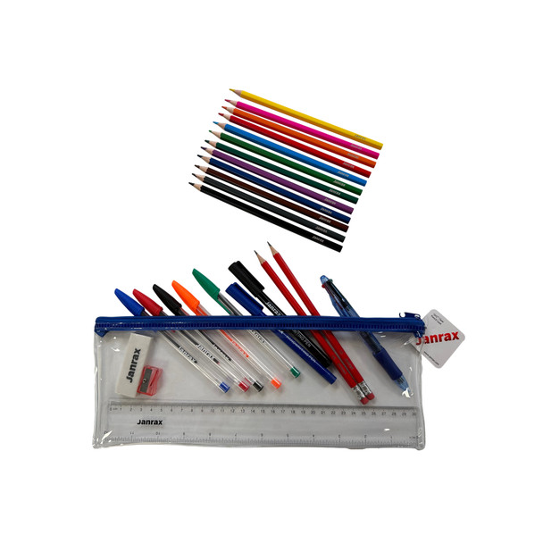 Pack of 12 Stationery Filled Blue Zip 13x5" Pencil Cases with Colouring Pencils