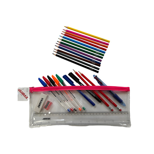 Pack of 12 Stationery Filled Pink Zip 13x5" Pencil Cases with Colouring Pencils