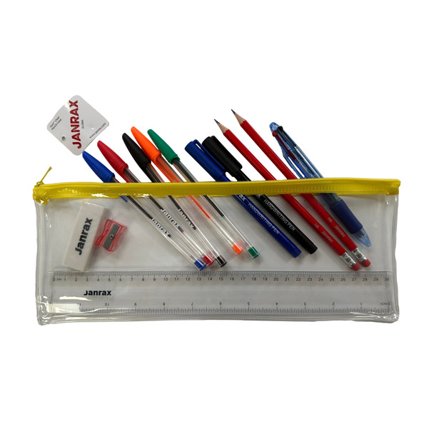 Pack of 12 Stationery Filled Yellow Zip 13x5" Pencil Cases