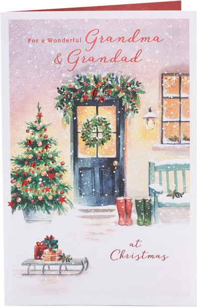 Snowy Door Design Grandma & Grandad Christmas Card