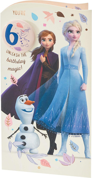 Disney With Elsa, Anna & Olaf Design 6th Birthday Card with Badge