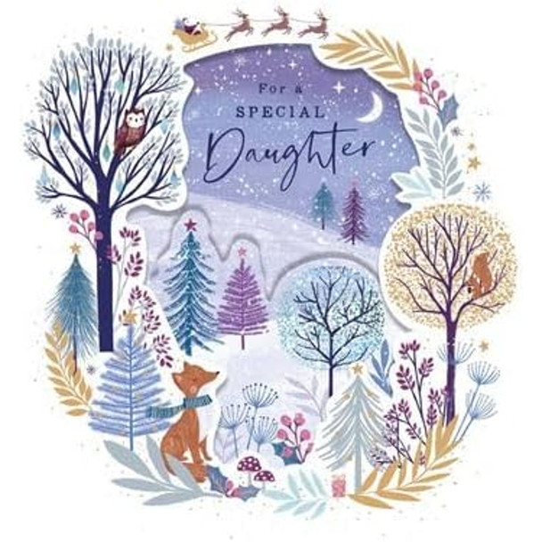 Snowy Winter Woodland with Foil and Cut Out Details Daughter Christmas Card