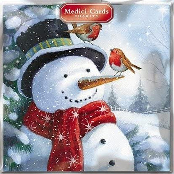 Pack of 8 Snowman and Robins Design Charity Christmas Cards