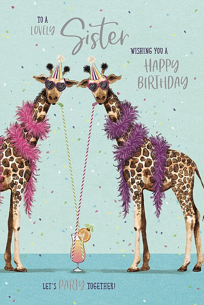 Lovely Sister Party Giraffes & Cocktail Birthday Card