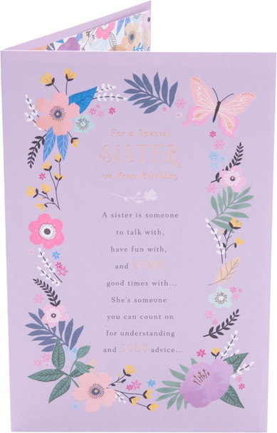 Purple Floral Border Design Sister Birthday Card