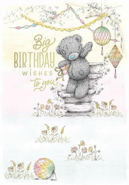 Bear On Steps With Gift Big Birthday Wishes Card