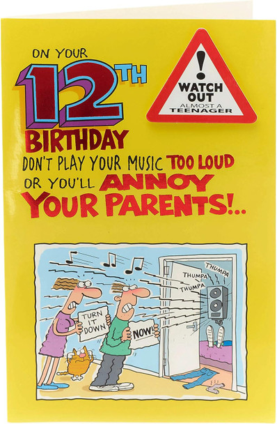 Funny Music Design 12th Birthday Card with Badge