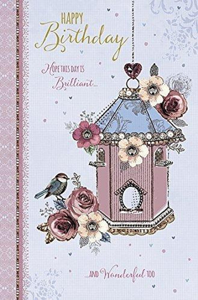 Happy Birthday Birdhouse and Flower Traditional Female New Greetings Card