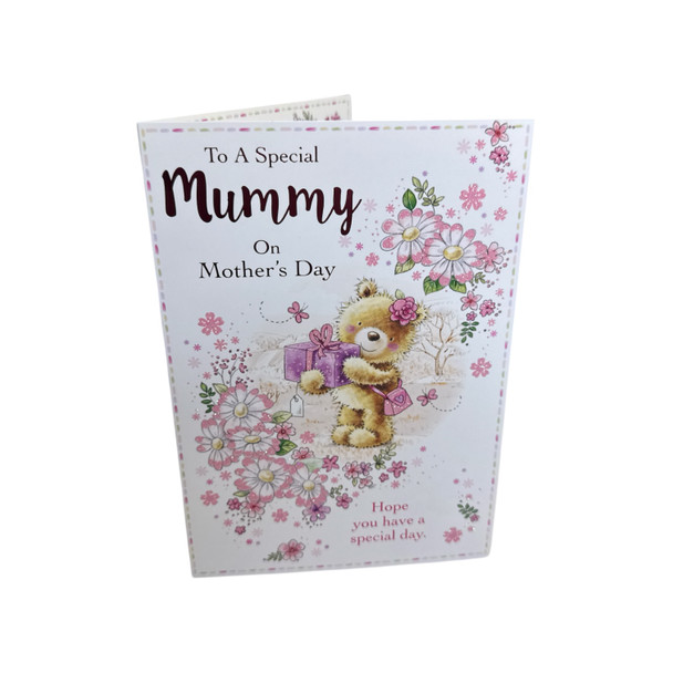 To A Special Mummy Teddy Wearing Flower and Holding Gift Design Mother's Day Card