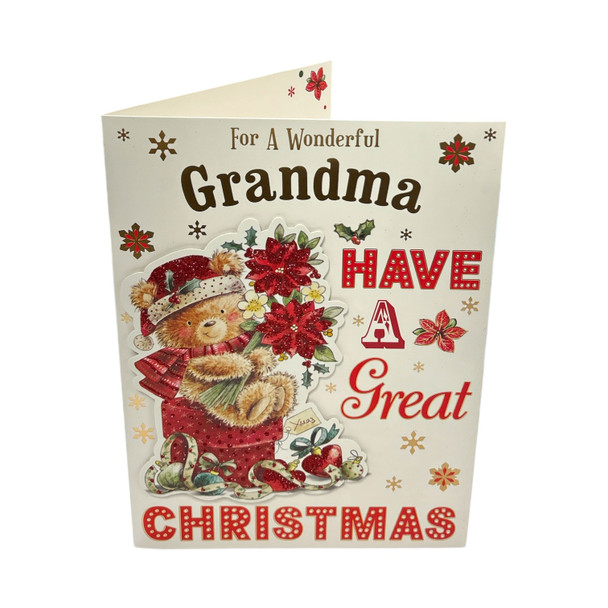 For Grandma Teddy With Flowers Design Christmas Card