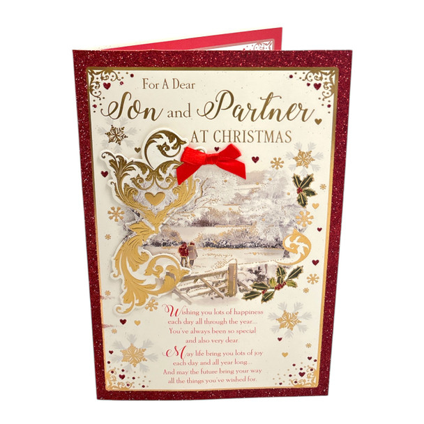 For a Dear Son and Partner Couple Walking in Winter Wonderland Design Christmas Card 