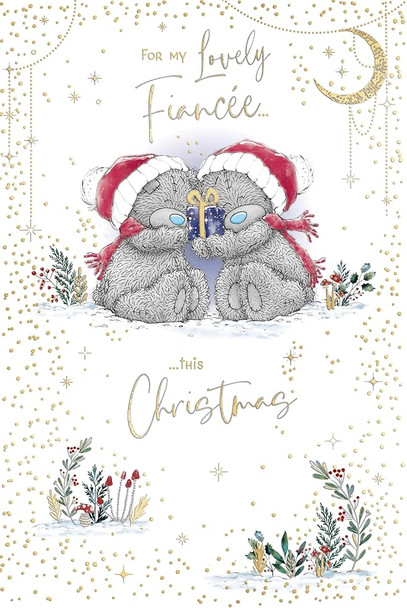 Bears Sitting with Gift For My Lovely Fiancée Christmas Card