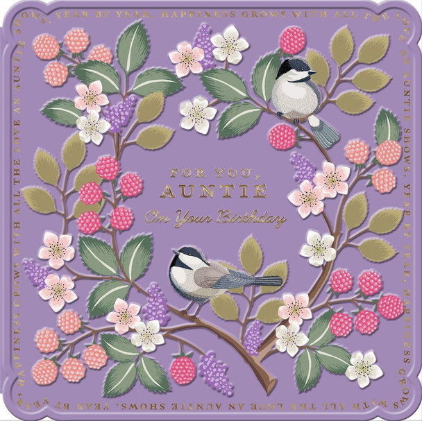 Floral Purple Design with Birds Berries Auntie Birthday Card 