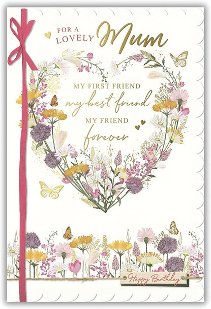 Floral Heart Wreath and Butterfly Design Lovely Mum Birthday Card