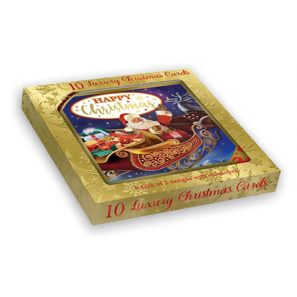 Pack of 10 Festive Sleigh Ride Christmas Boxed Cards - Holiday Greeting Cards, 2 Designs with Envelopes