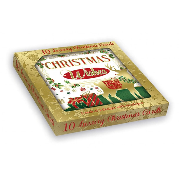 Pack of 10 Festive Reindeer Christmas Boxed Cards - Holiday Greeting Cards, 2 Designs with Envelopes