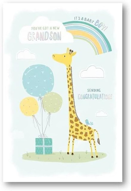 Giraffe, Rainbow & Balloons New Baby Grandson Birth Congratulations Card