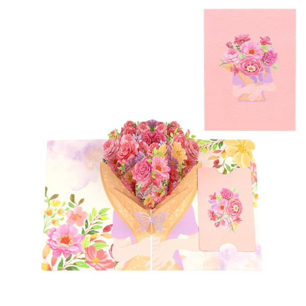 Pastel Pink Bouquet in Hands 3D Pop Up Greeting Card - Mother's Day Anniversary Birthday Thank You