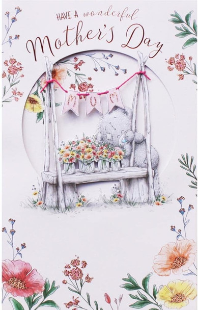 Bear & Flowers On Bench Mum Handmade Mother's Day Card