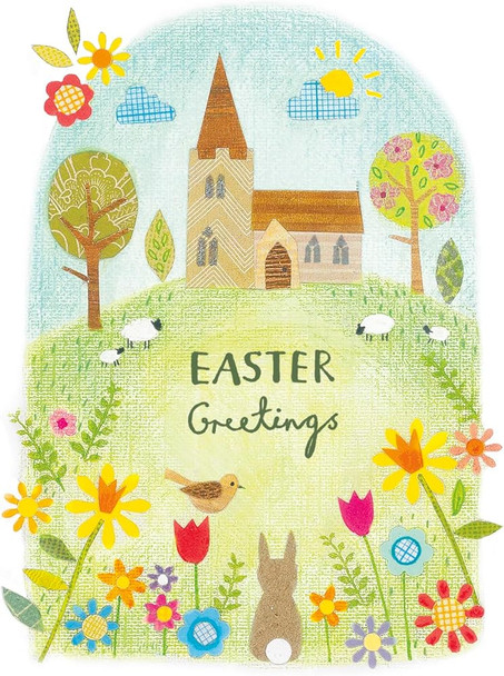 Illustrated Church Scene God's Blessings Easter Card