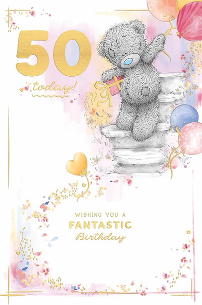 Bear Walking Down Steps With Gift Embellished 50th Birthday Card