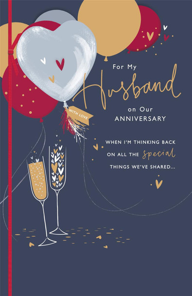 Heart Balloons & Champagne Design Husband Anniversary Card