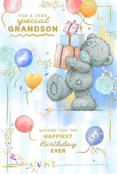 Bear With Gifts And Balloons Special Grandson Birthday Card